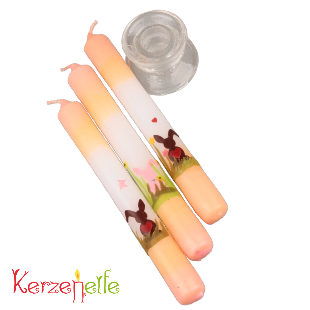 Handverzierte Osterkerzen – 3er Set mit Häschen & Herzchen inkl. Kerzenhalter