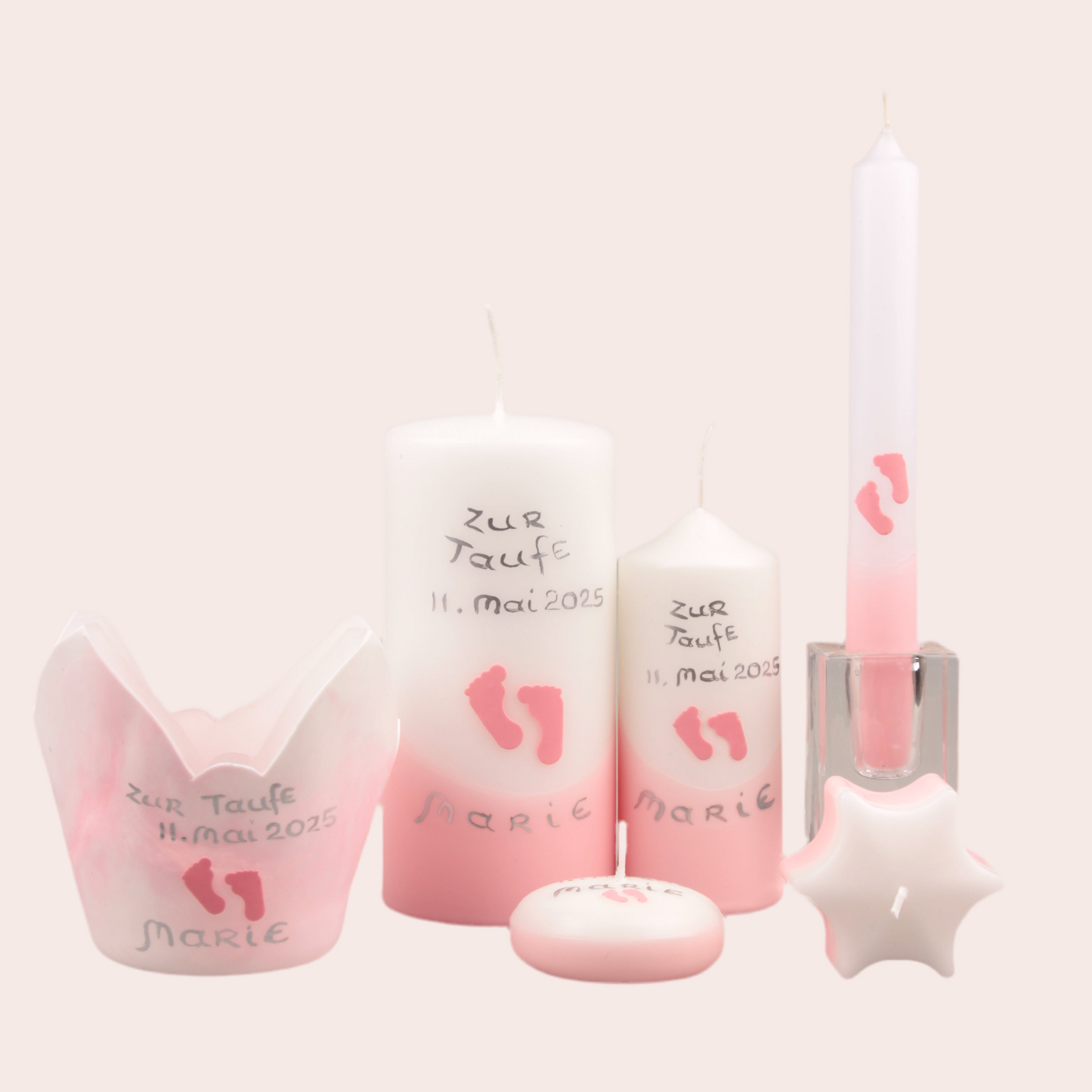 Taufkerzenset in Rosa mit Füsschen