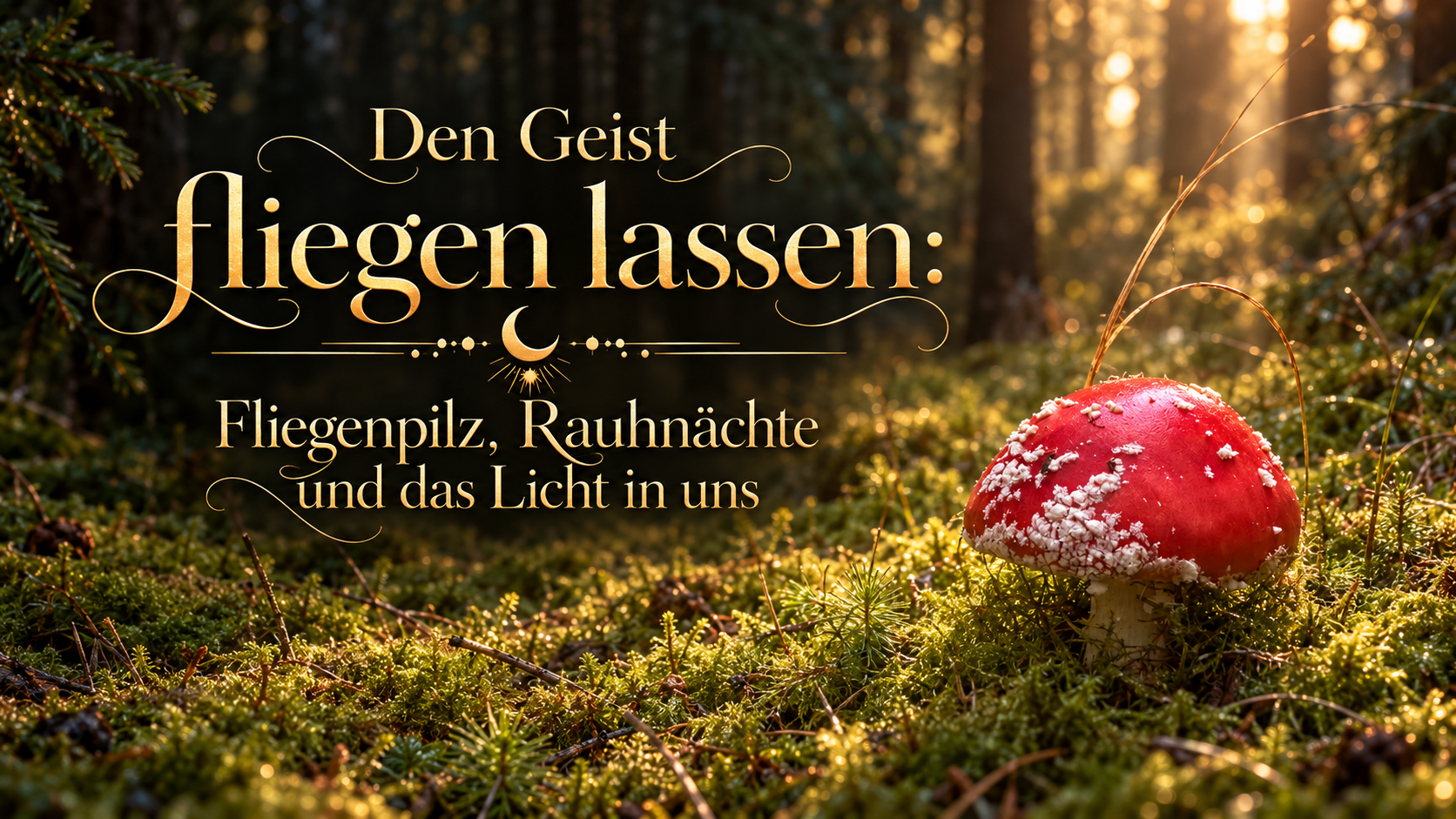 Roter Fliegenpilz im moosigen Wald mit goldenem Sonnenlicht. Goldene Aufschrift: „Den Geist fliegen lassen: Fliegenpilz, Rauhnächte und das Licht in uns“, verziert mit Mondornamenten.