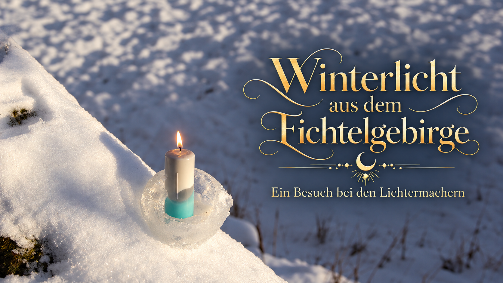 Brennende Isa-Kerze in Weiß, Grau und Türkis in einer Eisschale im Schnee. Goldene Aufschrift: „Winterlicht aus dem Fichtelgebirge – Ein Besuch bei den Lichtermachern“.
