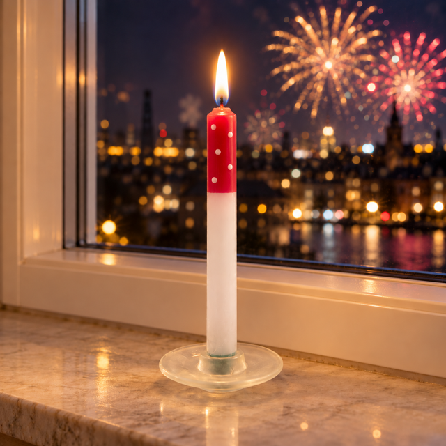 Brennende Glückskerze im Fliegenpilz-Look auf einer Fensterbank, mit Feuerwerk am nächtlichen Himmel im Hintergrund.