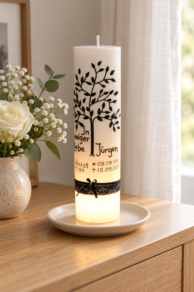 „Weiße Trauerkerze mit schwarzem Lebensbaum und LED-Licht auf einem Holztisch neben weißen Blumen.“