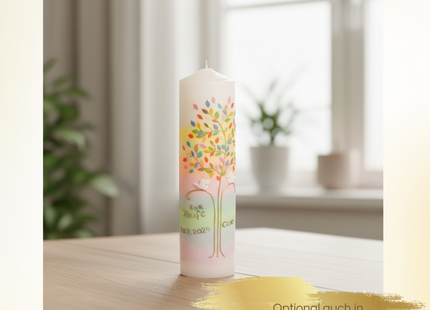 Taufkerze Lebensbaum „Aurora Borealis“ – Exklusive Handarbeit mit zartem Kreuz & Personalisierung