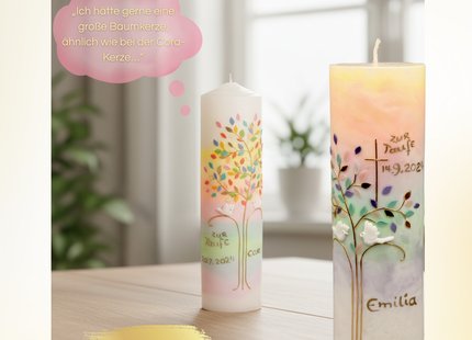 Taufkerze Lebensbaum „Aurora Borealis“ – Exklusive Handarbeit mit zartem Kreuz & Personalisierung