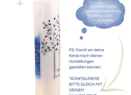 Taufkerze Lebensbaum Blau – Exklusive Handwerkskunst mit Leuchtkreuz & Personalisierung