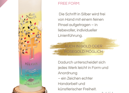 Taufkerze Lebensbaum Aurora Borealis – Exklusive Handarbeit mit Leuchtkreuz & Personalisierung