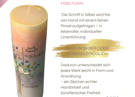 Taufkerze Lebensbaum „Aurora Borealis“ – Exklusive Handarbeit mit zartem Kreuz & Personalisierung