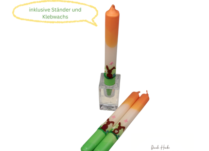 Handdekoriertes Osterkerzen Set mit drei Stabkerzen in Apricot-Weiß-Grün und Glasständer