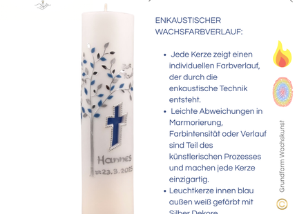 Taufkerze Lebensbaum Blau – Exklusive Handwerkskunst mit Leuchtkreuz & Personalisierung
