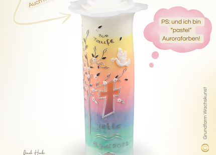 Taufkerze Lebensbaum Aurora Borealis – Exklusive Handarbeit mit Leuchtkreuz & Personalisierung