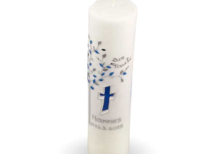 Taufkerze Lebensbaum Blau – Exklusive Handwerkskunst mit Leuchtkreuz & Personalisierung