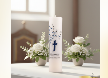 Taufkerze Lebensbaum Blau – Exklusive Handwerkskunst mit Leuchtkreuz & Personalisierung