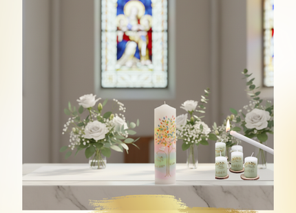 Taufkerze Lebensbaum „Aurora Borealis“ – Exklusive Handarbeit mit zartem Kreuz & Personalisierung