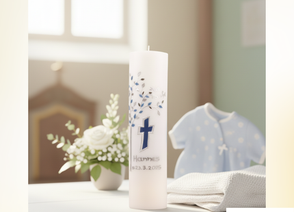 Taufkerze Lebensbaum Blau – Exklusive Handwerkskunst mit Leuchtkreuz & Personalisierung