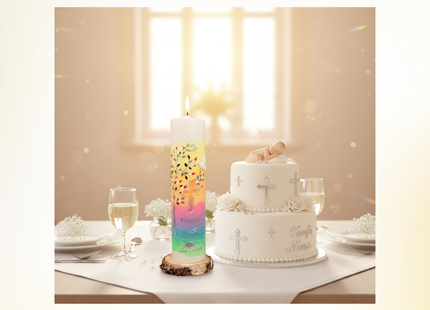 Taufkerze Lebensbaum Aurora Borealis – Exklusive Handarbeit mit Leuchtkreuz & Personalisierung