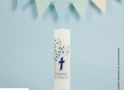 Taufkerze Lebensbaum Blau – Exklusive Handwerkskunst mit Leuchtkreuz & Personalisierung