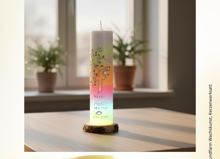 Taufkerze Lebensbaum Aurora Borealis – Exklusive Handarbeit mit Leuchtkreuz & Personalisierung