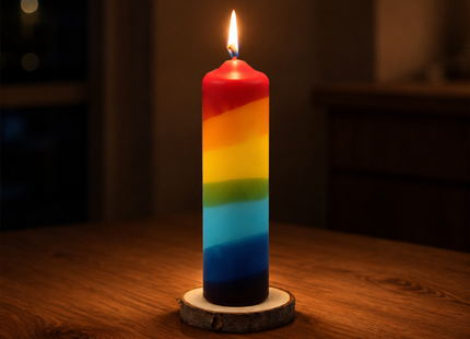 Angezündete Regenbogenkerze auf Holzscheibe bei Nacht, mit warmer Flamme als stimmungsvolles Rituallicht.
