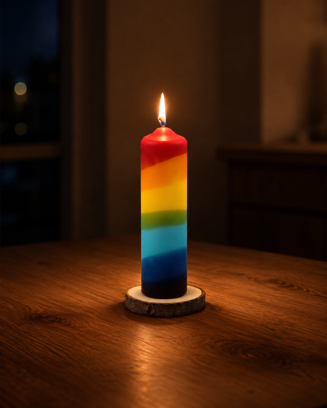 Angezündete Regenbogenkerze auf Holzscheibe bei Nacht, mit warmer Flamme als stimmungsvolles Rituallicht.