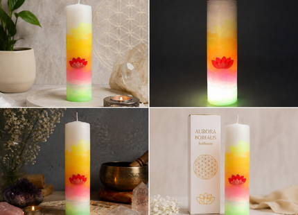 Nordlicht-Rollkerze mit LED-Drehlicht-Basis, die die Farben der Kerze von innen heraus zum Leuchten bringt