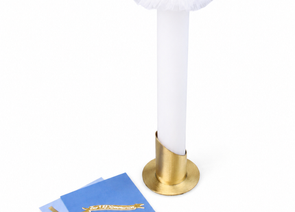 DIY Kommunionkerzen Bastelset in Blau und Gold mit weißem Kerzenrohling, Metallständer, Wachsplatten, Wachsfäden, Echtwachs-Schild, Buchmotiv, Schreibfolie und Tüll-Tropfschutz.