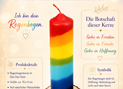 Kerze in Regenbogenfarben 150x40 mm Ral Qualität - dein Seelenlicht , voller Hoffnung die Brücke zwischen Himmel und Erde 