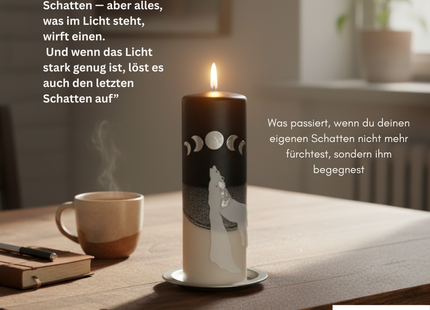 Detailaufnahme der Mondphasen auf der Kerze – Sinnbild für zyklisches Leben, Wandel und die natürliche Bewegung von Licht und Schatten.