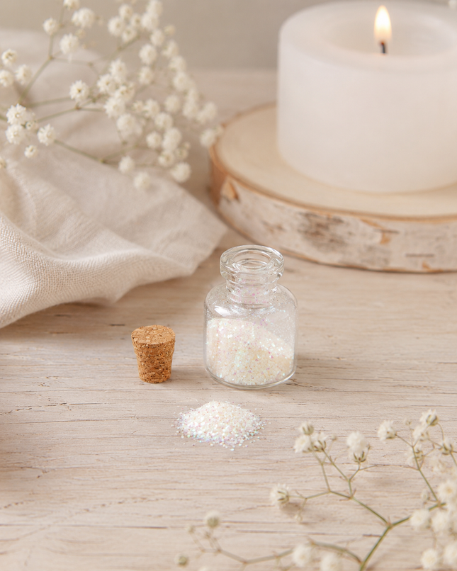 Geöffnetes Mini-Gläschen mit feinem Diamant-Glitzer auf hellem Holztisch, dekoriert mit Kerze, Birkenholz und zarten Blüten.
