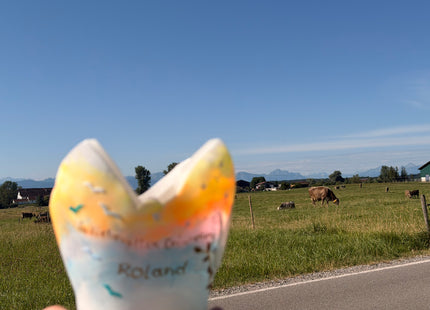 Lichtfang mit Himmelsfarben vor blauem Himmel, grünen Wiesen und Bergen im Allgäu. Die Farben des Lichtfangs spiegeln die Natur wider – das Blau des weiten Himmels, das warme Licht über den Bergen und die sanften Übergänge von Wolken, Nebel und Landschaft.