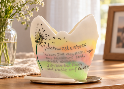 Pastellfarbener Lichtfang mit Pusteblume auf einer Kommode neben weißen Blumen.