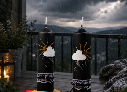 Zwei schwarze Wetterkerzen mit Sonne, Wolke und Blitz auf einem Balkon vor dunklen Gewitterwolken und Regen.