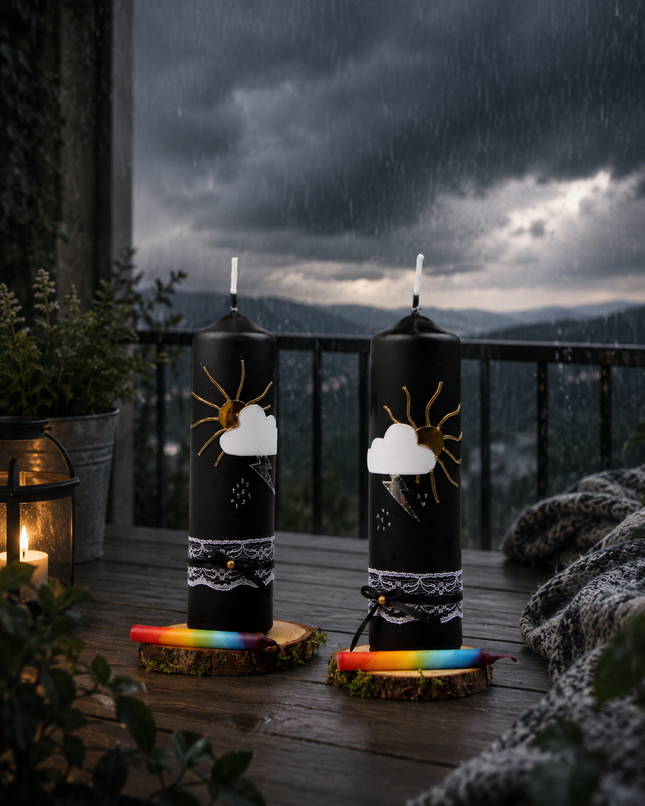 Zwei schwarze Wetterkerzen mit Sonne, Wolke und Blitz auf einem Balkon vor dunklen Gewitterwolken und Regen.