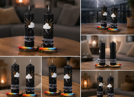 Zwei vollständige Gewitterkerzen-Geschenksets mit Birkenholztellern und Regenbogen-Fidibus als Haussegen zum Einzug.