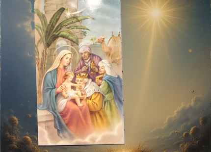 „Religiöses Vintage-Heiligenbild mit Jesuskind, Maria und den Weisen aus dem Morgenland“