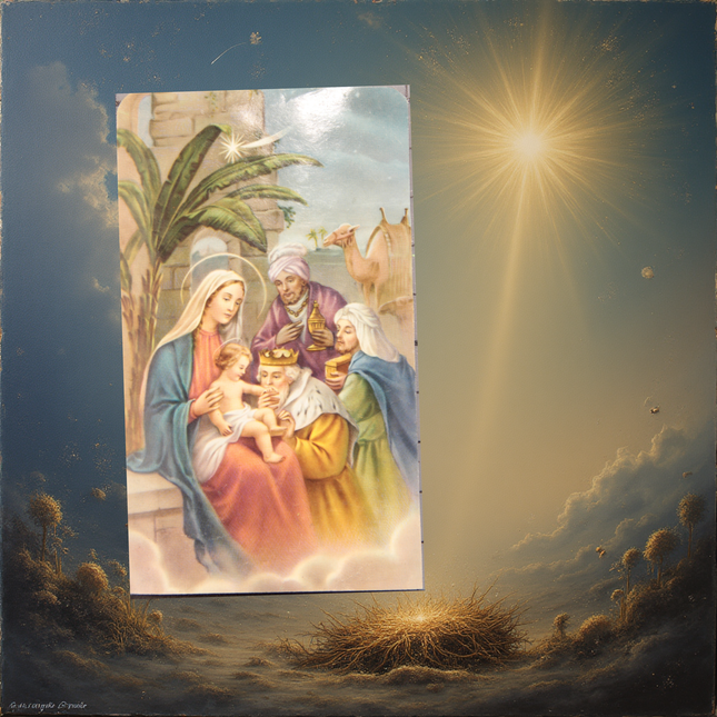 „Religiöses Vintage-Heiligenbild mit Jesuskind, Maria und den Weisen aus dem Morgenland“