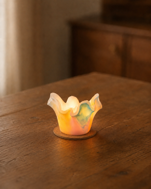 Lotus-Lichtfang Aurora Borealis auf Korkteller im Wohnzimmer
