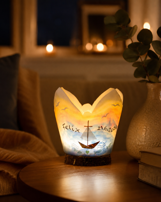 Beleuchteter Tauflichtfang zur Taufe mit Arche Noah, Regenbogen, Name und Datum auf einer natürlichen Holzscheibe.