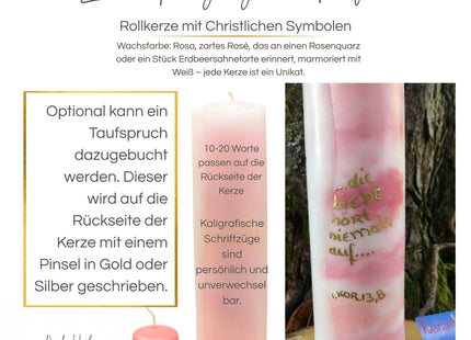 Rosazarte Taufkerze mit Taufspruch
in Gold 