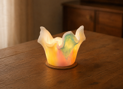Handgefertigter Lotus-Lichtfang aus Wachs in Aurora-Borealis-Farben, 19 cm groß, leuchtend auf einem dünnen Korkteller auf Holztisch.