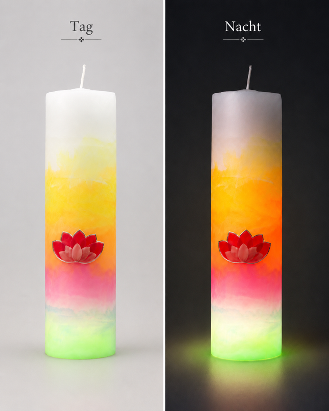 Nordlicht-Rollkerze TAG & NACHT mit LED-Drehlicht-Basis, die die Farben der Kerze von innen heraus zum Leuchten bringt
