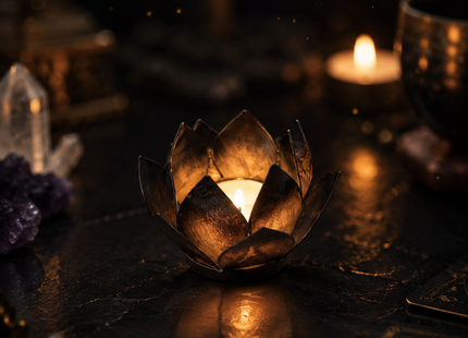 Schwarzes Lotus-Windlicht mit leuchtendem Teelicht in warmer, ruhiger Kerzenstimmung für Meditation und innere Einkehr.