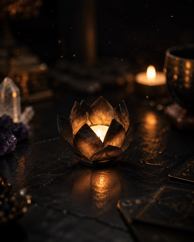 Schwarzes Lotus-Windlicht mit leuchtendem Teelicht in warmer, ruhiger Kerzenstimmung für Meditation und innere Einkehr.