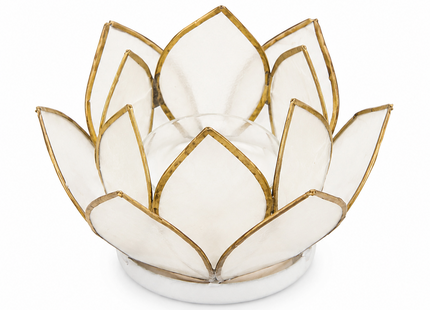 Weißes Lotus-Windlicht mit edlem Goldrand als Teelichthalter, freigestellt für den Onlineshop.