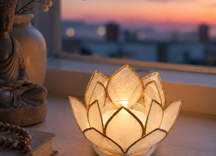 Weißes Lotus Ewigkeitslicht mit goldenem Rand und warmem Kerzenschein als Licht für Klarheit, Ruhe und Besinnung.