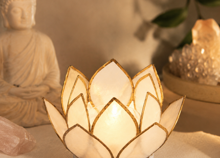 Leuchtendes weißes Lotus-Windlicht mit Goldrand im warmen Abendlicht, stimmungsvoll und meditativ inszeniert.
