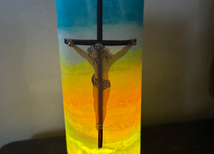 Handgefertigte Altarkerze mit marmoriertem Farbverlauf Blau-Gelb