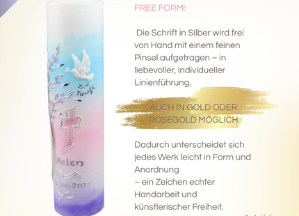 Lebensbaum-Motiv aus feinem Wachs mit zarten Blättern in Rosa, Blau und Lavendel – Kunstvolle Handarbeit