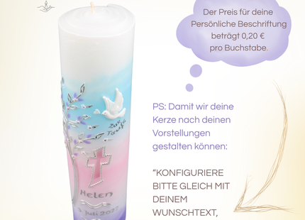 Personalisierte Taufkerze mit Silberbeschriftung – liebevoll mit Pinsel aufgetragen