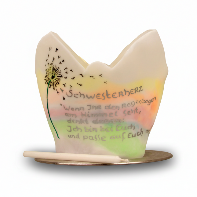 Handgefertigter Lichtfang aus Wachs mit Pusteblume und pastellfarbenem Verlauf auf einem goldfarbenen Teller.