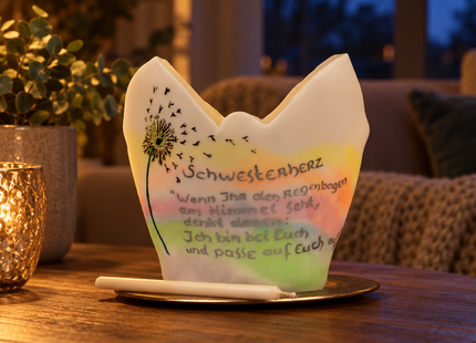 Pusteblumen-Lichtfang auf einem Wohnzimmertisch bei Abendlicht, von außen beleuchtet.